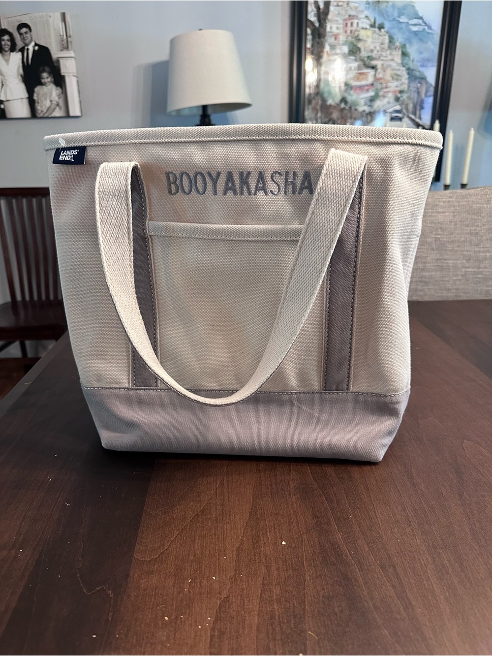Lands' End Canvas Tote with 'BOOYAKASHA' Embroidery - Beige & Light Gray Accents